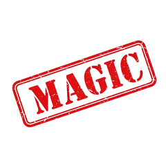 Red distressed rubber stamp with the word magic in bold letters isolated on transparent background