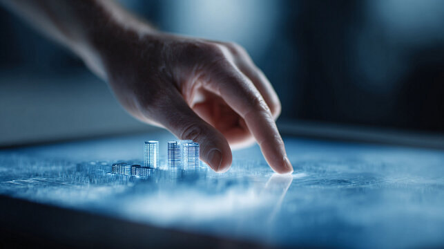 Human hand interacting with a futuristic city model on a glowing touch screen. Concept for urban planning, technology, innovation, and design.