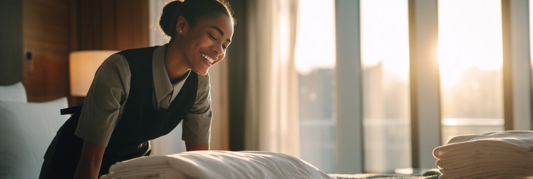 Smiling African American chambermaid or maid making a hotel bed in a sunny, luxury room. Housekeeping, cleaning service, and hospitality concept.