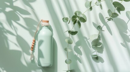 Water bottle with boho bottle charms, macrame and wooden bead charms hanging from mint green tumbler handle, natural daylight from above, clean eucalyptus leaves as props
