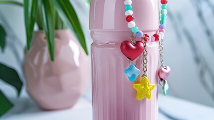 Trendy bottle charms attached to a pastel pink water bottle, multiple colorful beaded charms with heart and star shapes hanging from the bottle handle