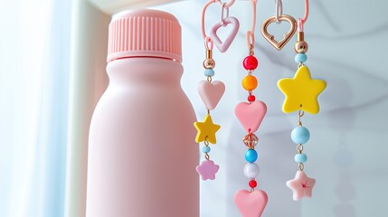 Trendy bottle charms attached to a pastel pink water bottle, multiple colorful beaded charms with heart and star shapes hanging from the bottle handle