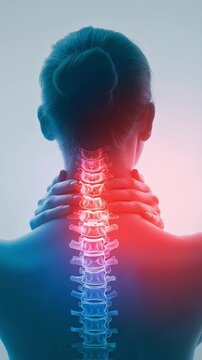 Neck Pain Highlighted: The image highlights neck pain through visual representation, capturing the silhouette of a person whose back and neck are accentuated with a vibrant blend of red and blue.