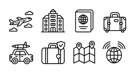 Travel vacation journey tourism outline icons pack