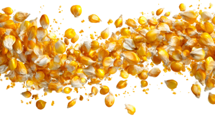 Explosion of dried corn kernels and flakes in mid air isolated on transparent background