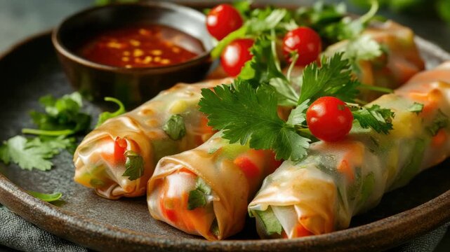 Vibrant, fresh veggie spring rolls served with a side of spicy peanut sauce.