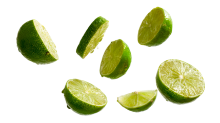 Freshly cut green lime wedges floating isolated on transparent background