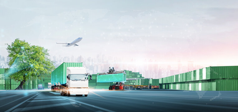 Green Logistics and Sustainable Global Supply Chain Export Concept for international trade and business management, emphasizing modern industrial truck and container transportation.