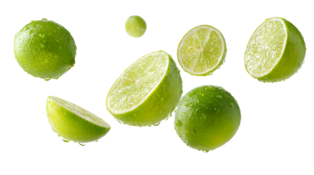 Fresh green limes whole and sliced floating in the air isolated on transparent background