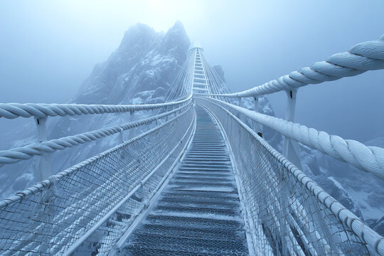 Fototapeta Exploration of a modern white rope bridge amidst foggy mountains and serene nature
