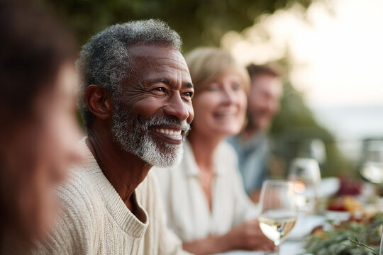 Joyful people enjoying a meal together. Focus on diversity, friendship, and connection. Perfect for lifestyle, family, and retirement themes, promoting togetherness and happy gatherings.