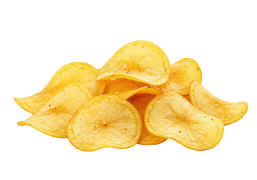 Golden-yellow, thinly sliced potato chips in a pile with salt and seasoning, sharp focus, on a pristine transparent studio background with copy space, high-key food photography for advertising snack