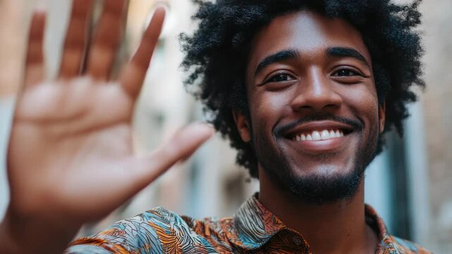 Smiling young male with black hair wearing a colorful patterned shirt, waving hello in an urban environment.