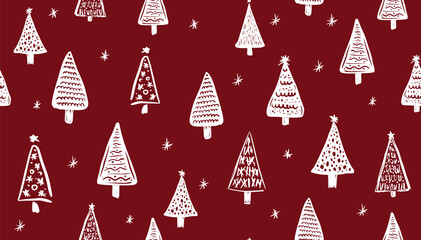 Christmas white tree pattern on red, hand drawn illustration	
