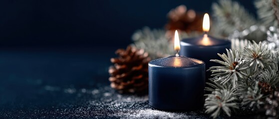 Two navy blue candles burning with pine cones and frosted fir branches for a cozy winter holiday season and festive Christmas decoration