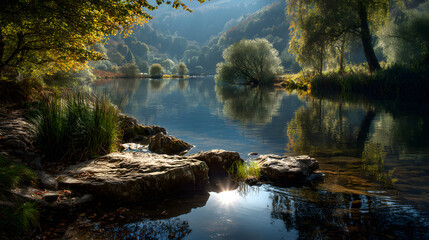 Peaceful lakeside scene with sunlight glimmering over still reflection 