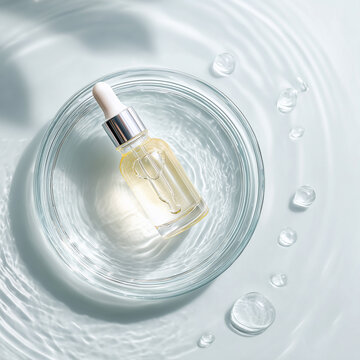 Siero viso in flacone con contagocce su superficie acquosa, rappresentazione di cosmetica moderna, trattamento idratante, skincare pulita e benessere della pelle.