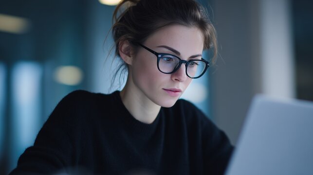 Close-up portrait of a concentrated young woman in stylish black glasses working on a laptop in a dark office. Remote work, technology, concentration, and female professional concept.