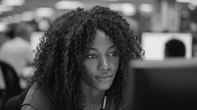Black and white close-up portrait of a serious African American woman with curly hair working attentively at a computer in a busy office.