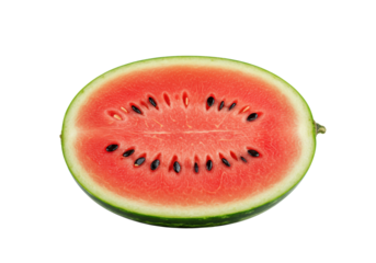 A perfectly ripe watermelon, meticulously cut in half, revealing vibrant red juicy flesh, glossy black seeds, white pith, and dark green rind, on a transparent background with soft studio light,