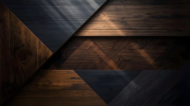 Dark wooden geometric pattern background, modern abstract wood texture design, diagonal geometric tiles creating luxury minimal aesthetic, elegant brown tone surface for interior or graphic use.