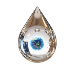 Obraz premium Earth planet inside a clear water droplet with bubbles and reflections Keywords: earth, planet, water, droplet, liquid, sphere, globe, world, blue, green, white isolated on a transparent background