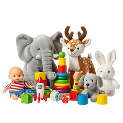 Collection of assorted children s toys on a black background