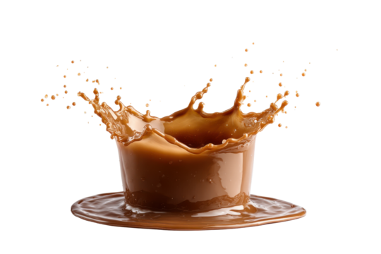 Brown liquid splash frozen mid air over black background drink motion, Png, Isolated on Transparent Background, Cut Out