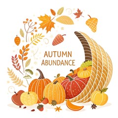 Minimalist Cornucopia Pumpkins Orange Text Flat Design White