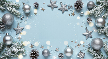 Silver and blue Christmas decorations with pinecones and stars  