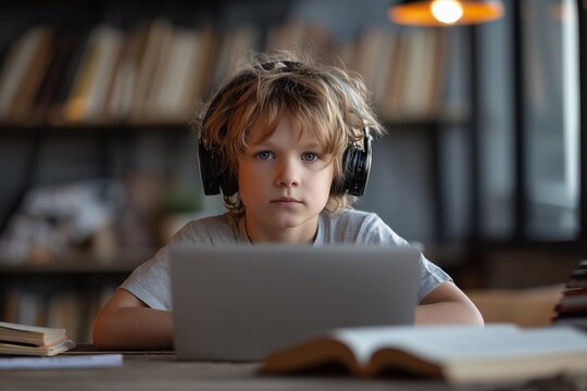 Serious young boy with headphones and a laptop computer studying or gaming in a home library. E-learning, distance education, and concentrated child concept.
