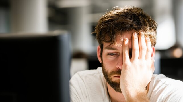 Close-up portrait of a tired, stressed man holding his hand over his face while working on a computer in a modern office. Burnout, fatigue, and frustration concept.