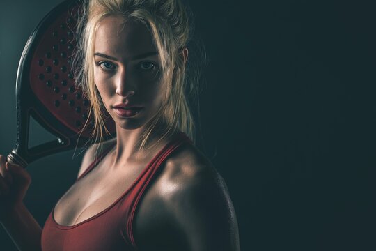 Intense portrait of a serious, athletic young woman holding a paddle tennis racket in a dark, dramatic setting. Fit female athlete in red sportswear, perfect for sports and determination. - Powered by Adobe