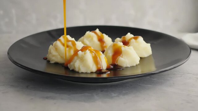 High-quality, gourmet mashed potatoes served with a drizzle of caramel syrup for an indulgent dessert experience.