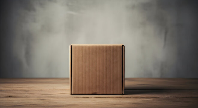 Clean minimalist shot of a cardboard box, perfect for packaging mockups and product presentation on an elegant wood table with a blurred textured background - Powered by Adobe