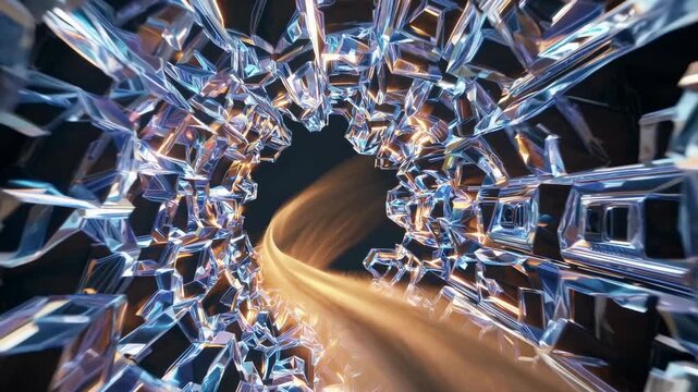 Futuristic abstract art featuring a tunnel of geometric crystals with glowing patterns and dynamic lighting creating a sense of movement. - Powered by Adobe
