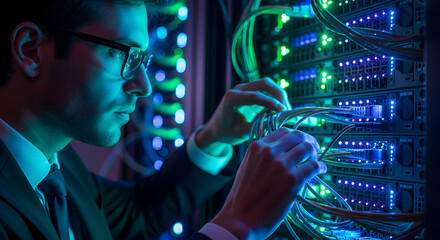 IT professional managing server cables in a vibrant, modern data center with glowing lights, ensuring optimal network performance and security in a high-tech environment