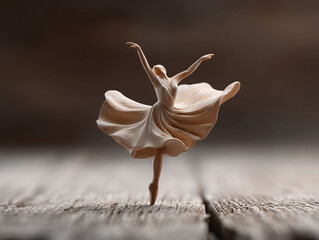 Fototapeta premium Elegant wooden ballerina figurine poised en pointe. Represents grace, art, craftsmanship, and the beauty of dance. Ideal for cultural projects and artistic themes.