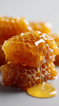 Natural Raw Honeycomb on White Background &ndash; Wild Honey Texture Side View with Copy Space