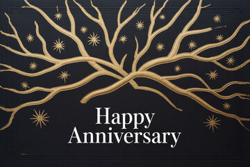 Celebrate milestone moments with this elegant Happy Anniversary design featuring gold stars and branches on a sophisticated black background for cards and promotions