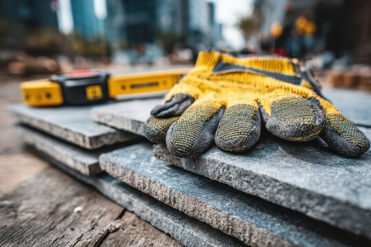 Protective work gloves resting on a stack of grey paving slabs at a construction site.