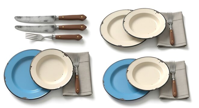 Rustic table setting with plates cutlery and napkins on white