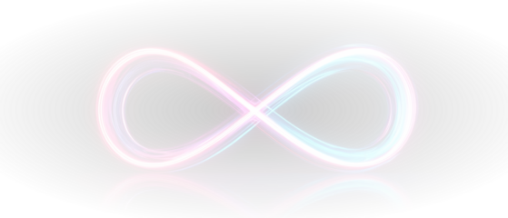 Futuristic neon infinity emblem glowing brightly with abstract digital motion and creative visual strength.

