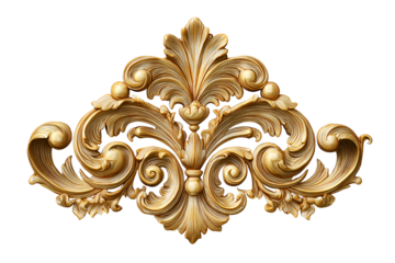 Ornate golden baroque acanthus leaf decorative element isolated on transparent background