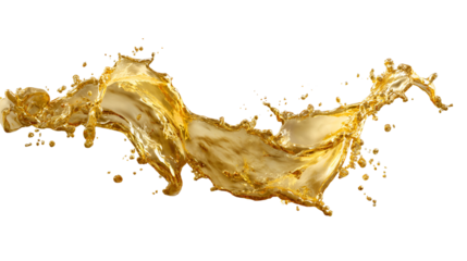 Golden liquid splash frozen in motion with droplets isolated on transparent background
