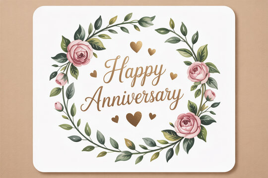 Celebrate your special milestone with this charming Happy Anniversary design featuring delicate watercolor roses, lush foliage, and golden hearts, perfect for cards and invitations