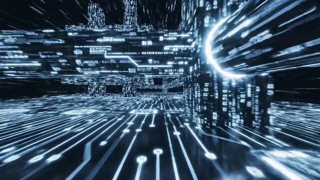 An abstract, futuristic depiction of a digital circuit board with blue light trails - Powered by Adobe