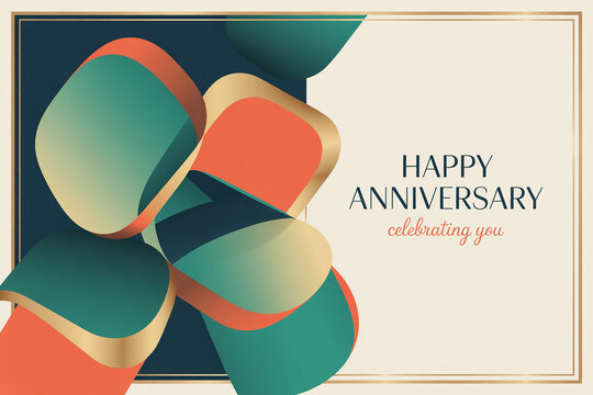 Elegant anniversary card with vibrant teal, orange, and gold accents to celebrate a special occasion or milestone with a modern festive design