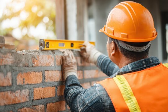 Skilled construction worker meticulously checks the level of a new brick wall. - Powered by Adobe
