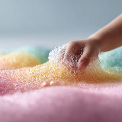 Fototapeta premium Childs hand playing in vibrant, rainbowcolored foam. Captures innocence, creativity, and sensory exploration. Ideal for illustrating childhood, bath time fun, and early learning.